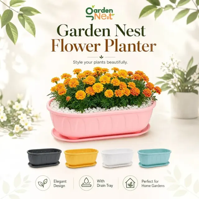 GardenNest Rectangle Flower Pots with Rounded Corners | Set of 5